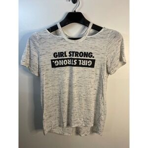 SO Girl Strong Cold Shoulder Graphic Tee White Black Space Dye Large